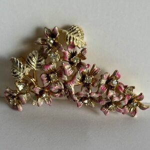 Vintage Marvella Brooch Pin Pink Floral Enamel Gold Tone Rhinestones